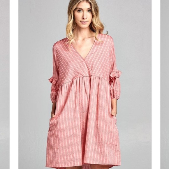 Dresses & Skirts - Babydoll vneck ruffle sleeves corral striped dress